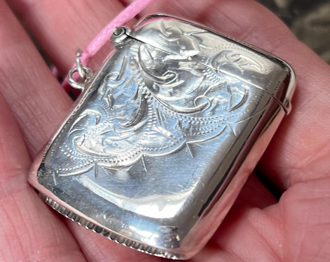 Antique Sterling Silver Vesta Case Pendant, 1912 Hallmark Silver Keepsake