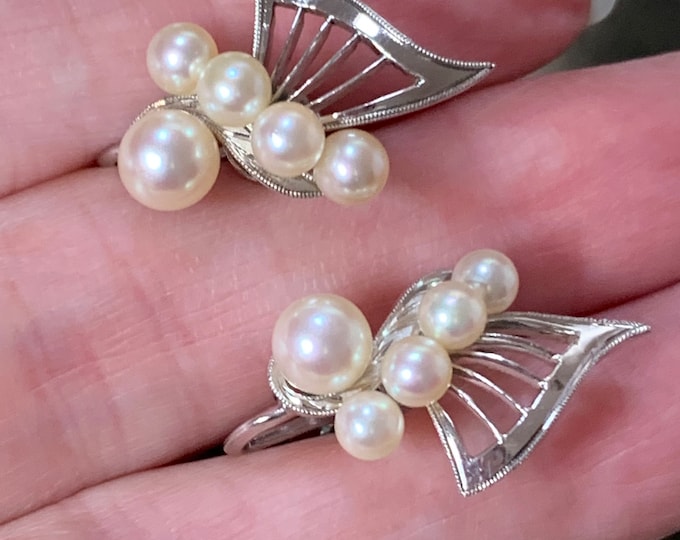 Vintage Mikimoto Akoya Pearl Earrings, 1960s Silver Screw Back Earrings