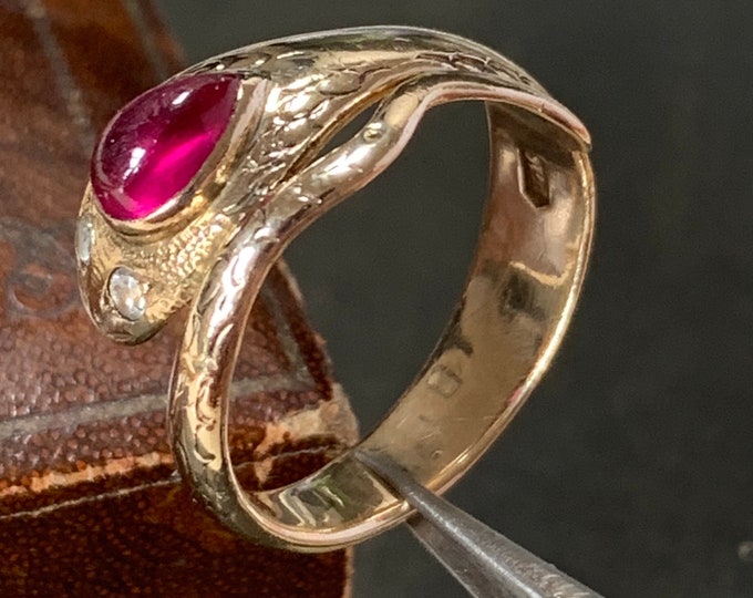 Art Deco 14ct gold ruby cabochon snake ring circa mid 1930s antique coiled mystical gothic serpent