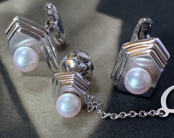 Vintage Akoya Pearl cufflinks and tie retainer in 925 silver. Lovely retro gift for men