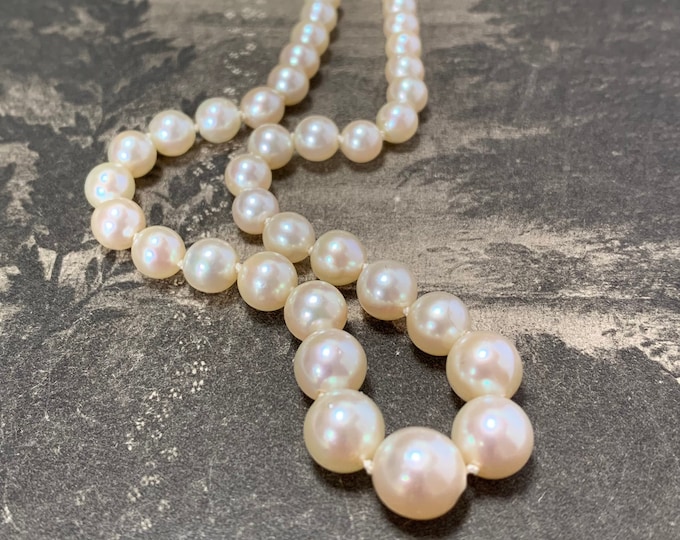 Antique graduated saltwater cultured pearl necklace with old mine cut diamond set clasp in 9ct gold 40cm long