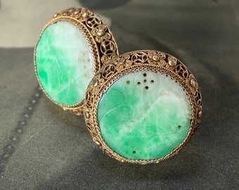 Antique Qing Dynasty Jadiete Earrings.  Antique Silver Gold Gilt Clips with lovely Moss-in-Snow Jade gemstones with carved phoenix