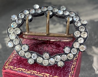 Georgian silver buckle brooch. Large antique brooch set with old sparkling paste white stones