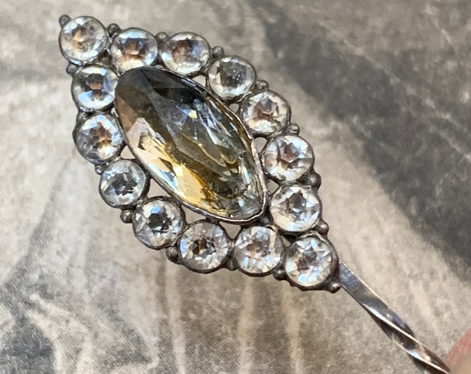 Silver Georgian Black Dot brooch pin. Silver Marquise Shaped paste stones with closed back settings