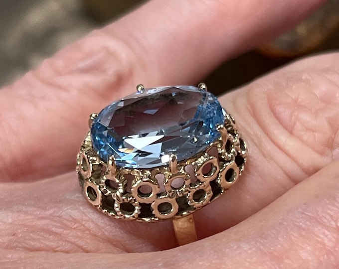 Vintage Blue Spinel Ring, 9K Gold Cocktail Ring, 1960s Aqua Spinel Statement Ring