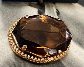 Vintage Smokey Quartz Paste Brooch: Gold Gilt Octagonal Pin