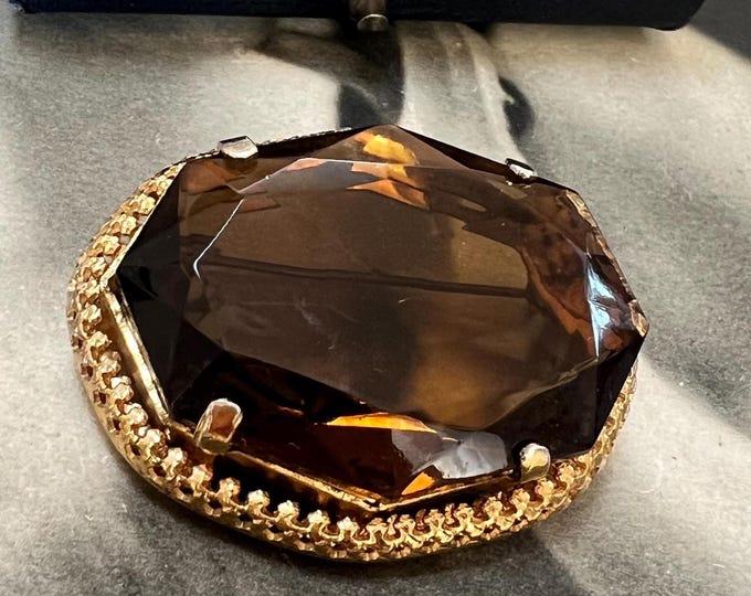 Vintage Smokey Quartz Paste Brooch: Gold Gilt Octagonal Pin