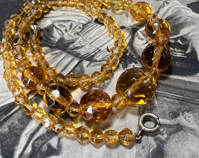 Art Deco Bohemian Citrine coloured Glass Necklace graduated antique golden faceted  beads circa 1930s. 17 inches long Princess length