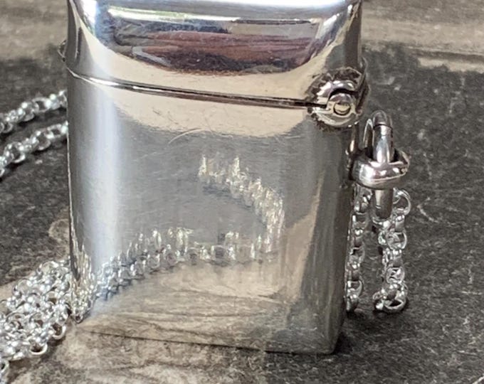 Edwardian Silver Vesta case pendant Locket with silver chain. 1903 Hallmarks. 24" recycled sterling silver belcher chain. 26.5 grams total