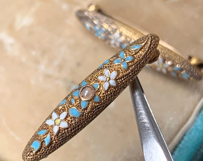 1920s Cloisonne Forget-Me-Not Brooches: 14K Gold Pearl Pins in Original Box
