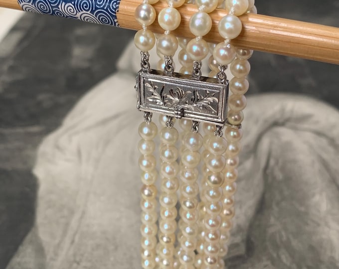 Vintage 4 Strand Akoya Pearl Bracelet, 1950s 1960s Saltwater Cultured Pearls, Silver Clasp, Bridal Wear