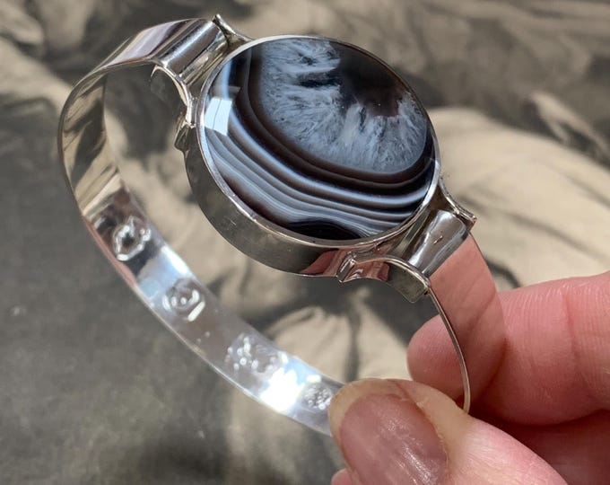 Vintage Ralph Weston Britannia Silver Bangle, Banded Agate Cuff Bracelet, Sheffield 1977