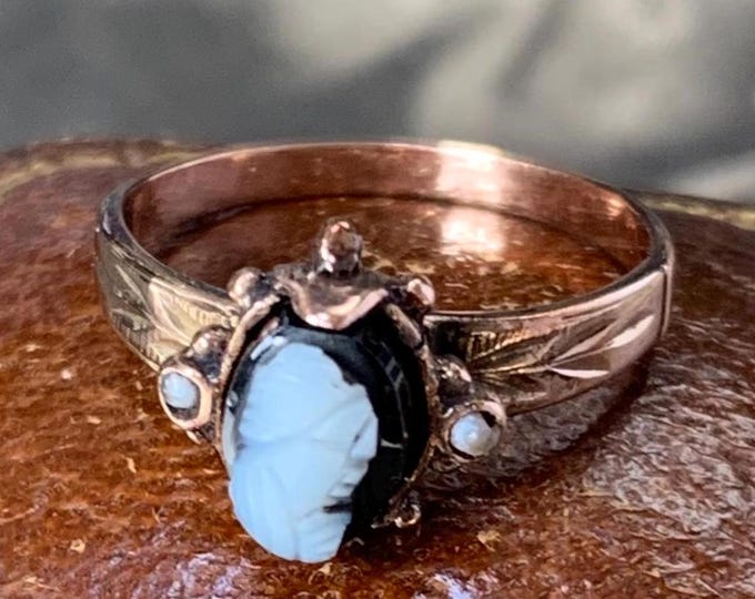 Victorian Cameo Ring: 9ct Gold & Seed Pearl Antique
