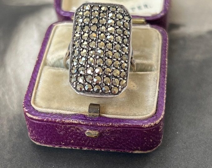 Antique Silver Marcasite Ring, Early 20th Century Vintage Statement Ring, UK N, US 6.5