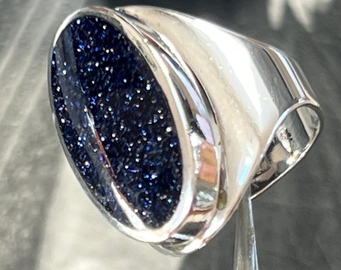 David Scott Walker Blue Goldstone Sterling Silver Ring | Modernist Cabochon Statement Celestial Night Sky