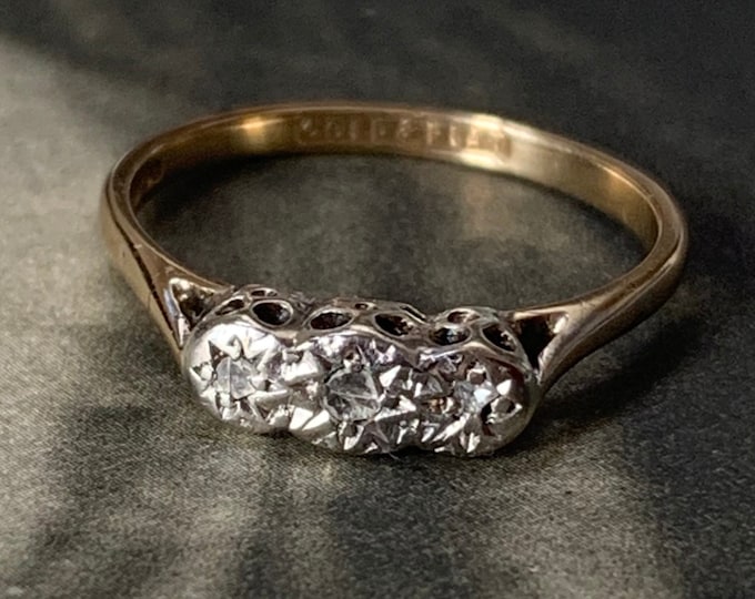 Diamond Trilogy ring. Platinum Set 9ct yellow gold band. 1975 English hallmark. Ring size L, size 5 1/2 (US)