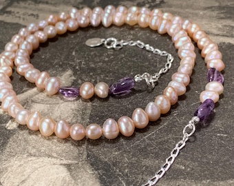 matinee length peach pearl amethyst necklace silver 925 extension Sterling silver chain length extender 47cm - 58cm. Hand strung in UK