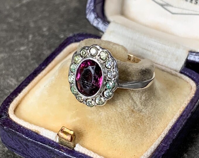 Vintage 9ct Gold and Silver Paste Amethyst Ring with paste Diamond Halo, size N UK, 6.5 US