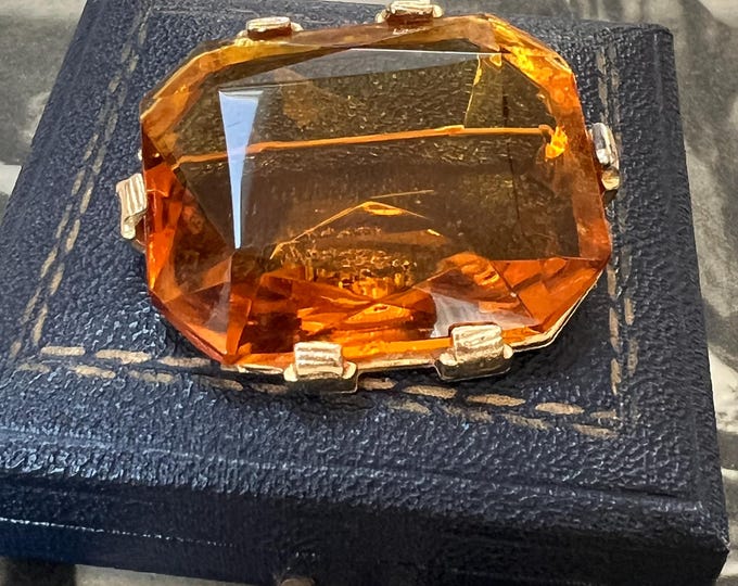 Vintage Citrine Paste Brooch: Octagonal Gilt Costume Jewelry