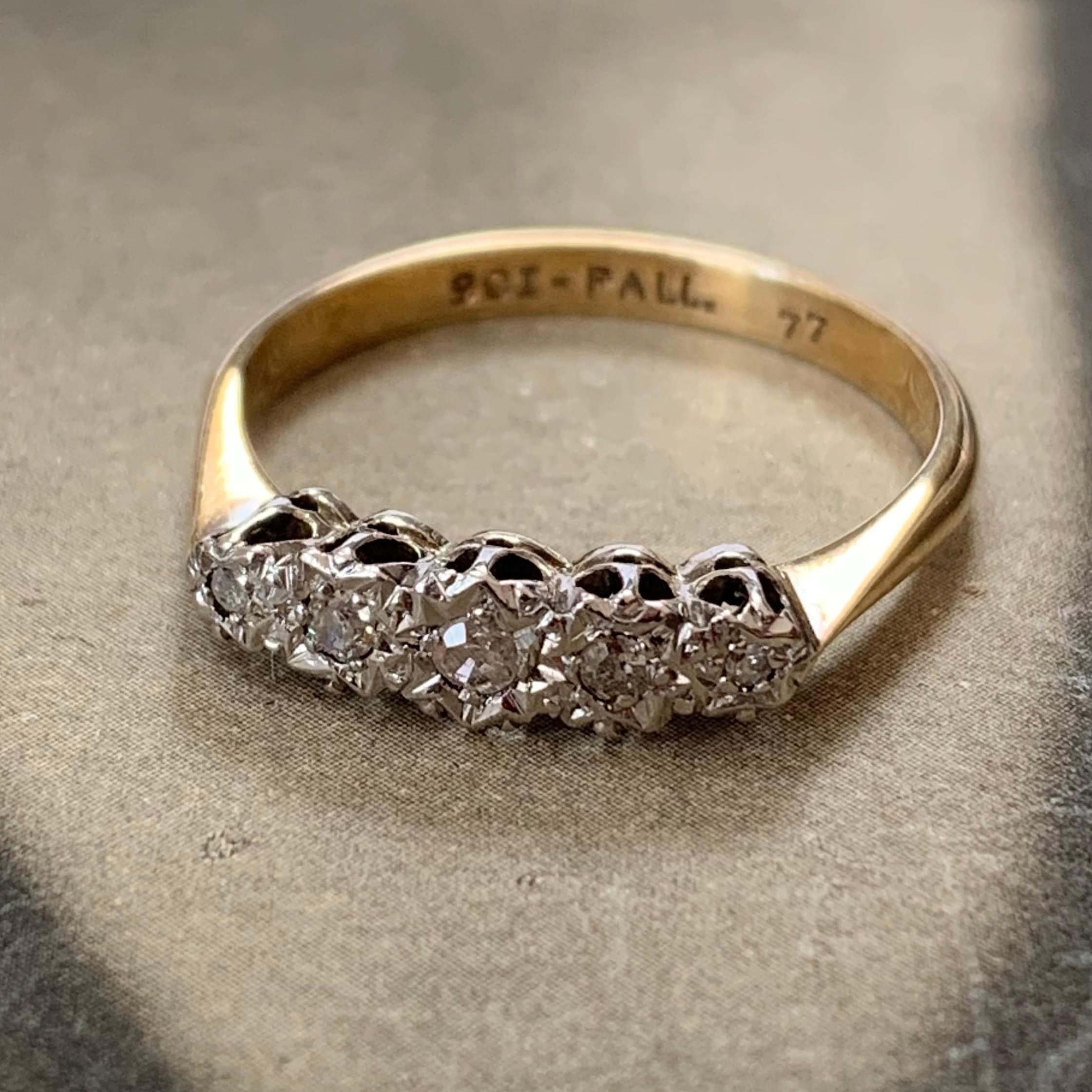 Graduated Diamond Engagement Ring Size L 5 Set in Palladium & Gold 7/8 Us