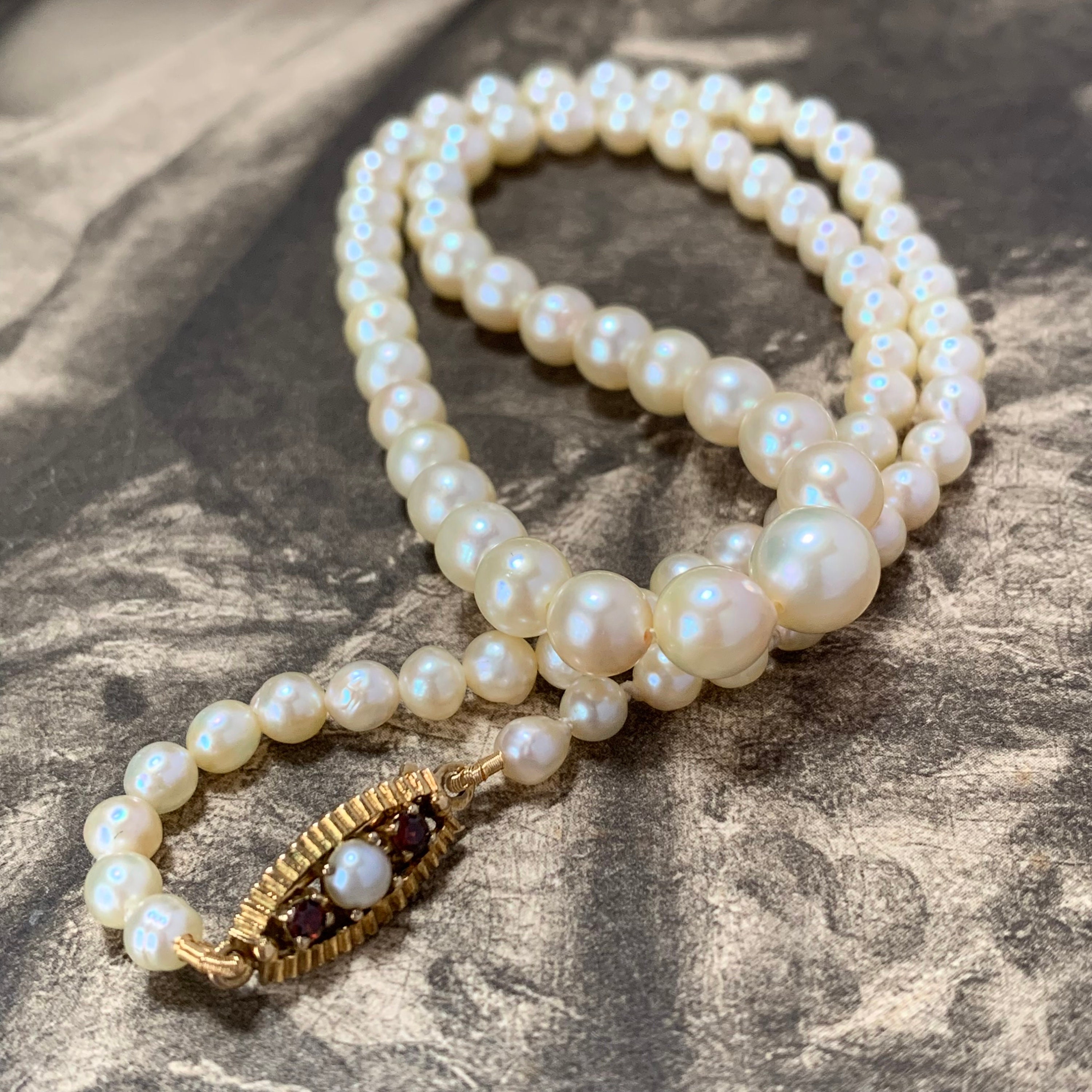 Pearl Necklace From 1966 With Gold Hallmarked Clasp. 18 Inches Long 79 Graduating Akoya Pearls. Lovely Formal, Wedding Or Casual Wear