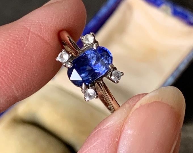 Vintage Natural Sapphire Ring 9ct Gold | 1ct Oval Blue Sapphire & White Topaz Ring Size M (UK)