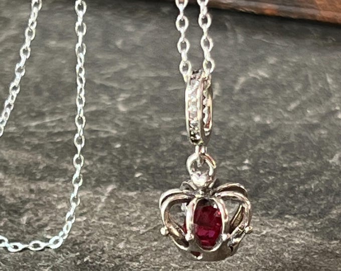 Vintage Sterling Silver Crown Pendant | 925 Ruby Charm chain Necklace
