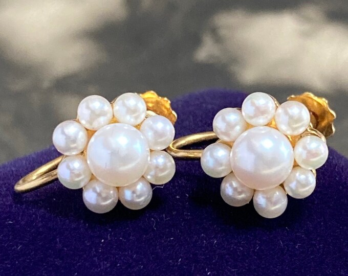 18ct Gold Akoya Pearl Earrings: Vintage Cluster Design