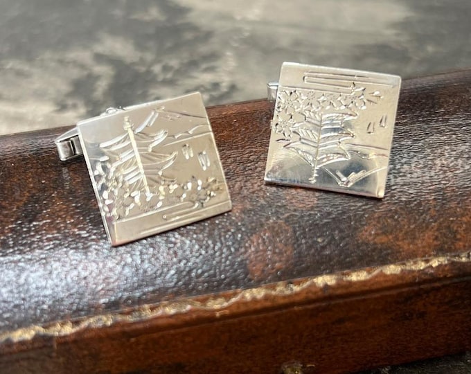 1930s Japanese Sterling Silver Cufflinks, Mount Fuji Cufflinks