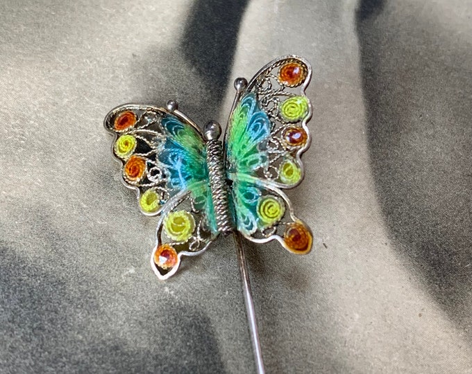 Butterfly brooch. Antique Enameled Silver brooch. Filigree butterfly pin beautiful colored enamel work