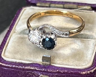 Vintage 18ct Gold Sapphire Diamond Ring, Blue Green Sapphire, Birmingham 1994, UK Size P 1/2