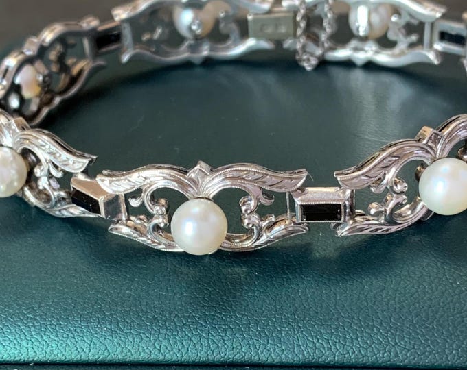 Vintage Mikimoto Pearl & Onyx Silver Bracelet: Rococo Design