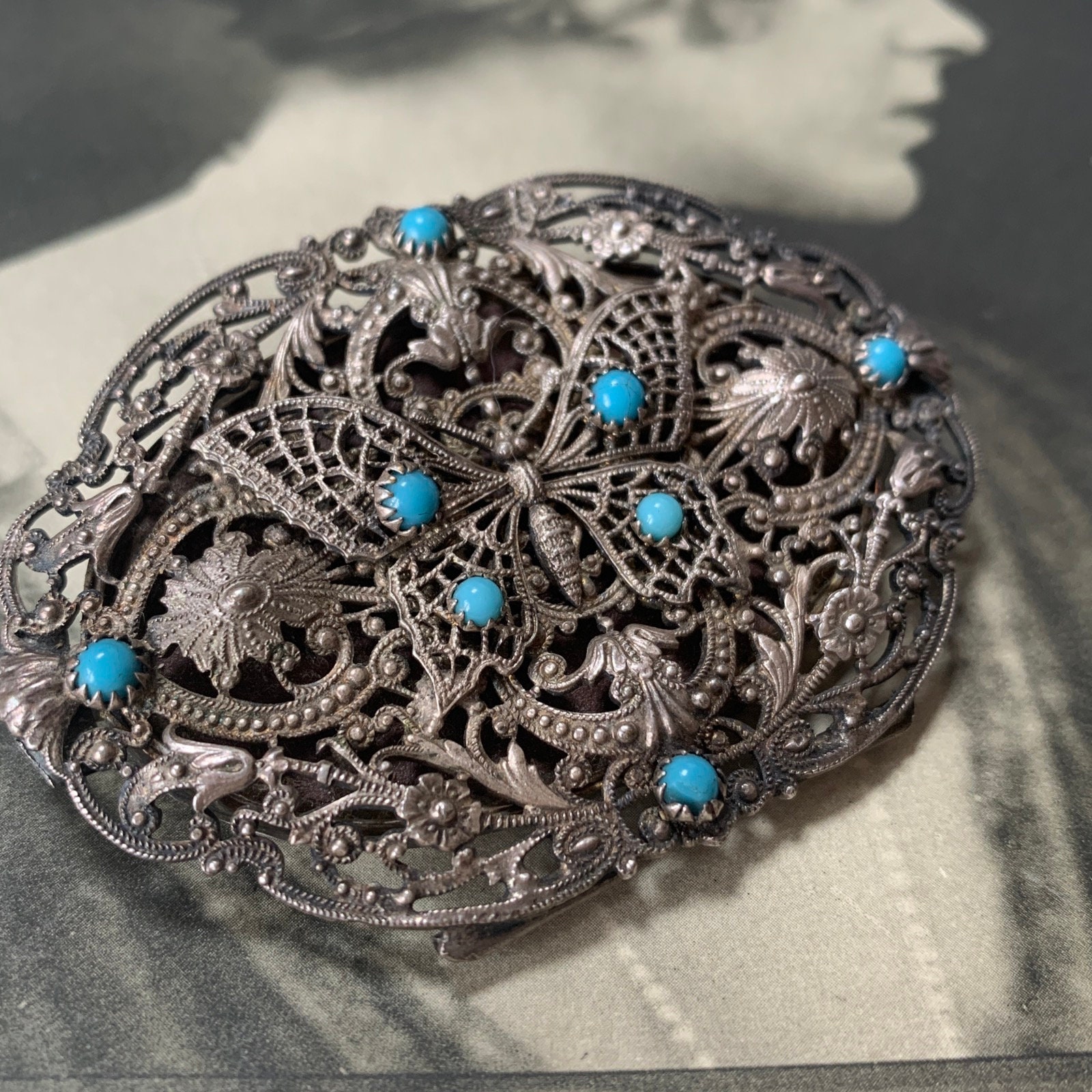 Victorian Turquoise Butterfly Brooch Silver Pressed Steel With Mirror Reverso