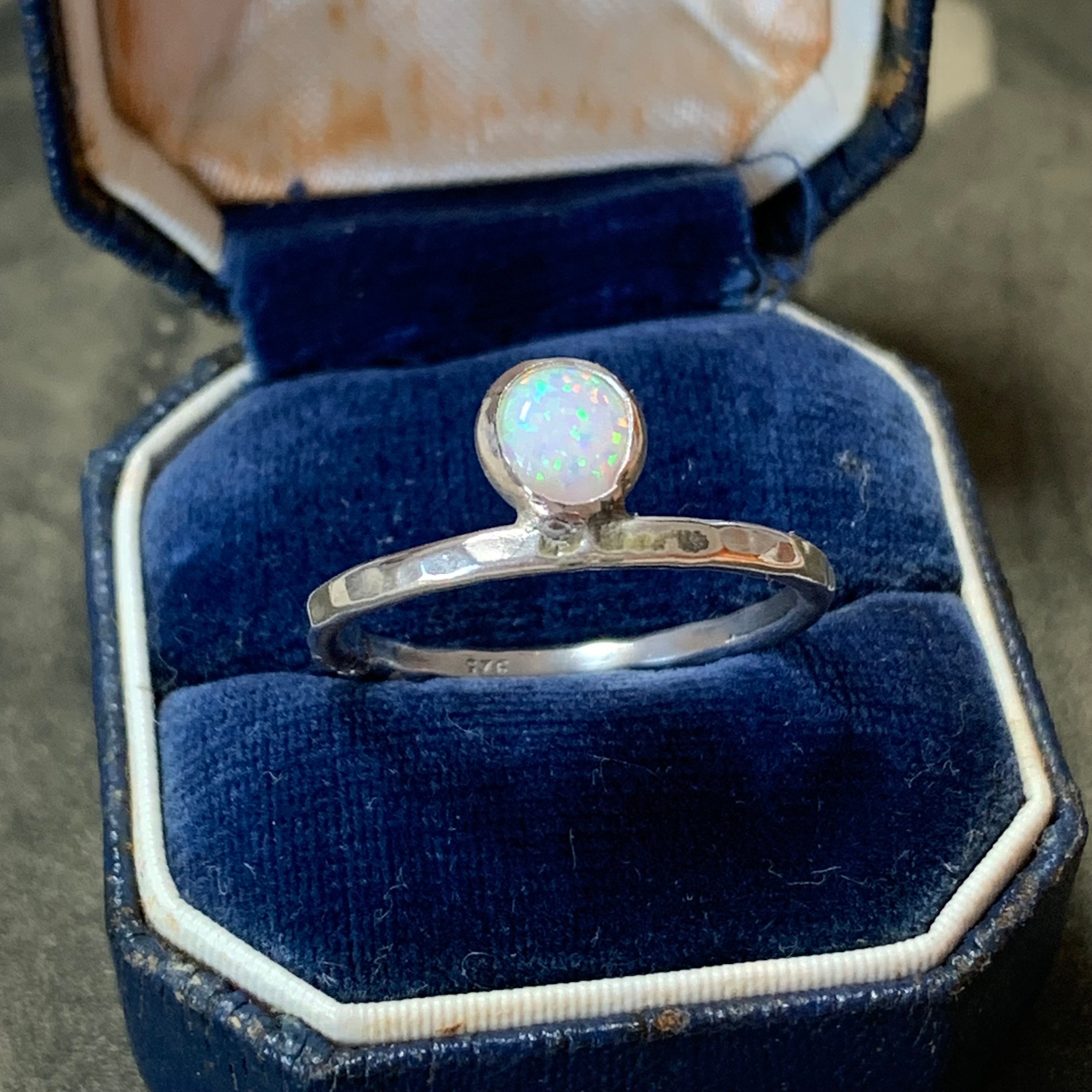 Silver Handmade White Opal Ring Bezel Set Stacker Band Size O