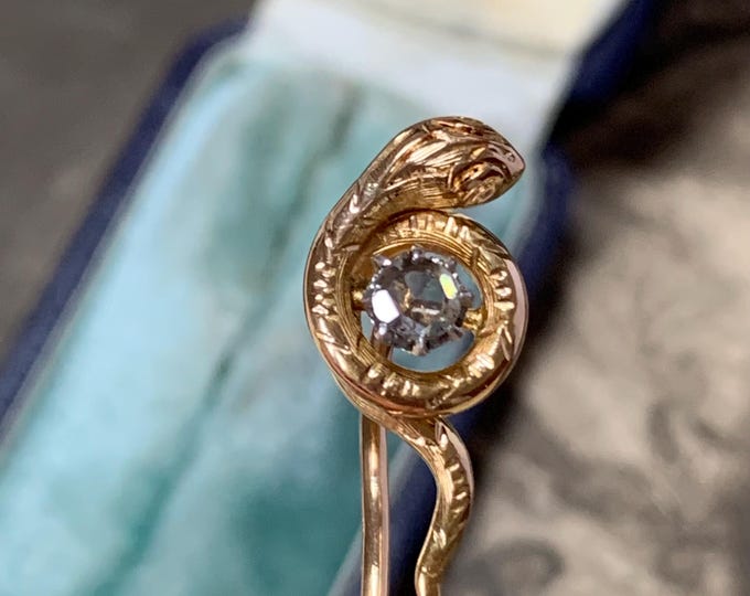 Antique gold snake stick pin brooch | Rose cut diamond set in 22ct gold | Lovely original antique box