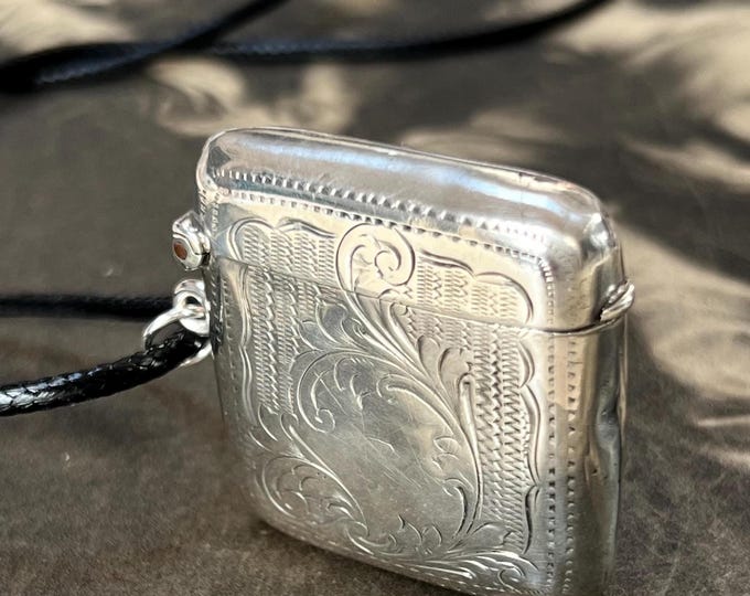 1904 Vesta Case Pendant on 20inch strap | Sterling Silver | Hallmarked Birmingham | 24.5g | Ornately Engraved Keepsake Locket
