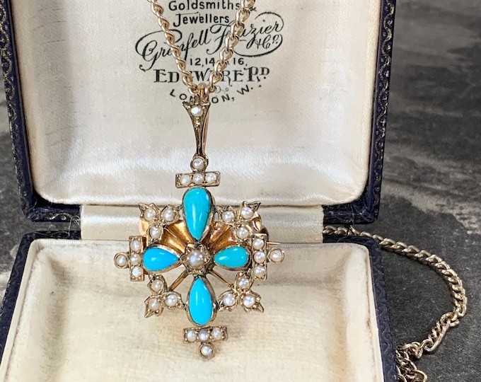 Victorian gothic 18ct Gold Turquoise Pendant Brooch Necklace. 17 inch Antique Silver Gilt Chain. 10 grams total weight