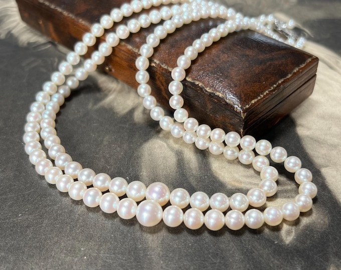 Vintage 8mm-3.6mm Mikimoto Akoya Pearl Double Strand Necklace. Silver pearl set clasp 174 AAA gem quality cultured pearls vintage excellence