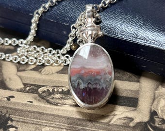 David Scott Walker Double-Sided Silver Pendant with Agate & Blue John — 1978 Vintage, on 18" Silver Belcher Chain, 27 Grams
