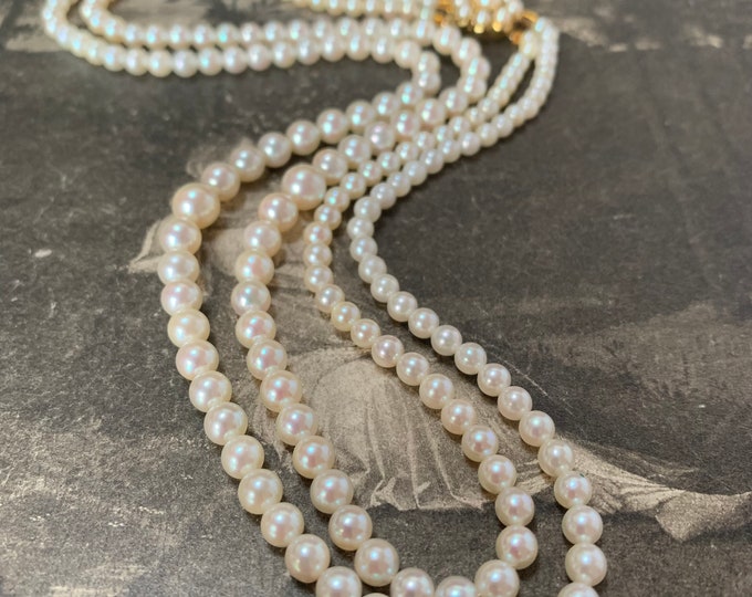 Long Pearl Necklace | Double strand | 196 Akoya pearls 4mm-7mm | 9ct gold clasp with pearls | 1992 English hallmark
