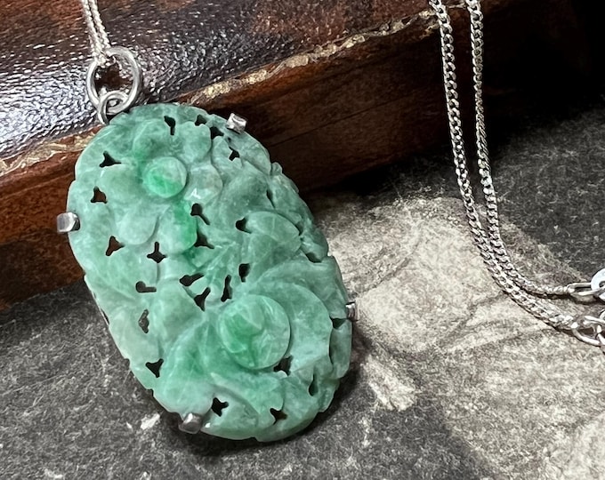 Qing Dynasty Carved Jade Pendant Necklace: Sterling Silver Chain
