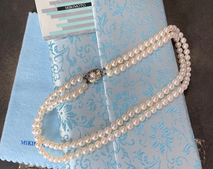 Mikimoto pearl necklace. Vintage Double strand AAA quality akoya pearls. Original Mikimoto silk presentation purse and box