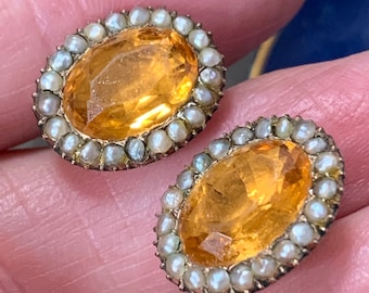 Antique Georgian Topaz Earrings | Split Pearl Halo, Gold Setting