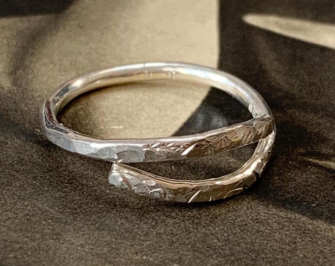 Engraved Eco Silver Ring Artisan Engraved Lotus Leaf Bypass Style in  100% recycled Silver with London Hallmark. Ring size Q