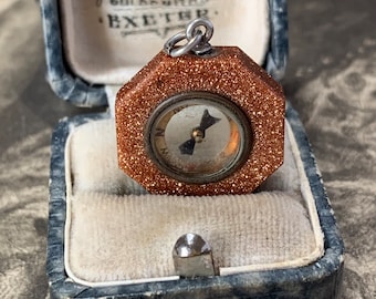 Victorian compass pendant. Antique hexagonal fob charm in a beautiful goldstone gem. For a chain or leather strap