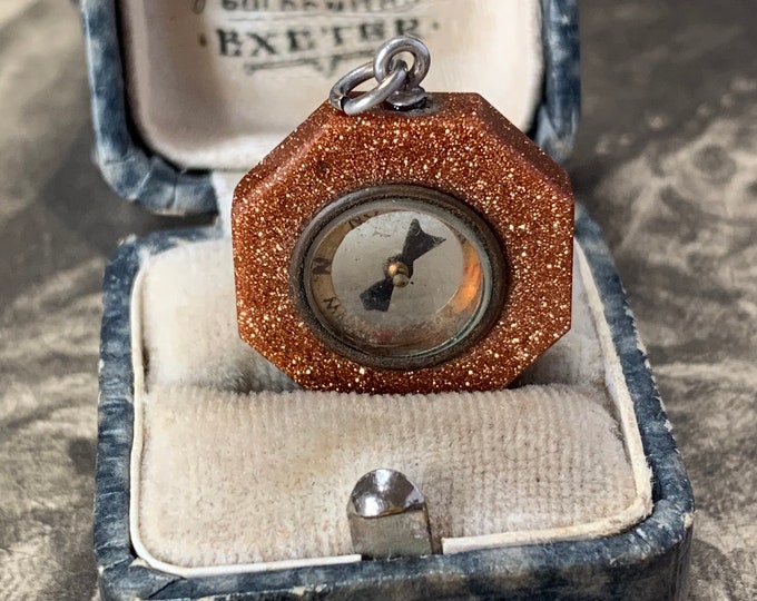Victorian compass pendant. Antique hexagonal fob charm in a beautiful goldstone gem. For a chain or leather strap