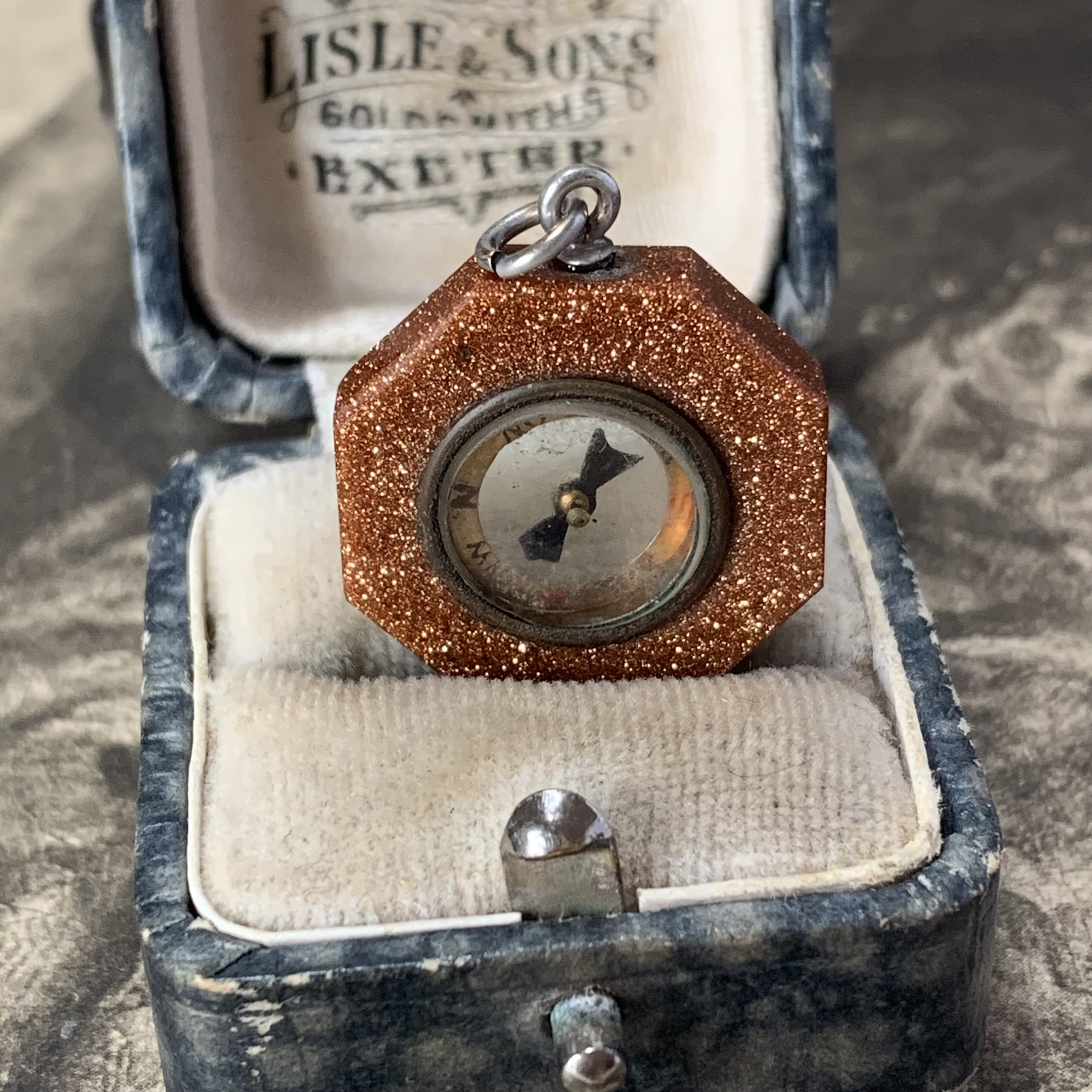 Victorian Goldstone Compass Pendant Antique Hexagonal Fob Charm Circa Late 1800S