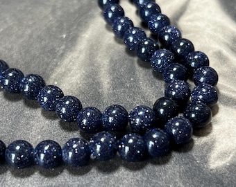 Blue Goldstone Bead Necklace, Celestial Starry Galaxy Sparkle Jewellery, 18 Inch, 925 Silver Clasps