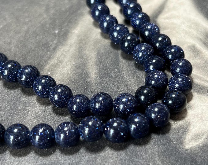 Blue Goldstone Bead Necklace, Celestial Starry Galaxy Sparkle Jewellery, 18 Inch, 925 Silver Clasps