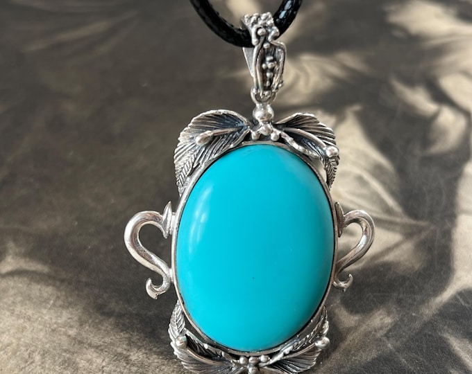 Art Nouveau Turquoise Pendant: Sterling Silver Leaf Necklace